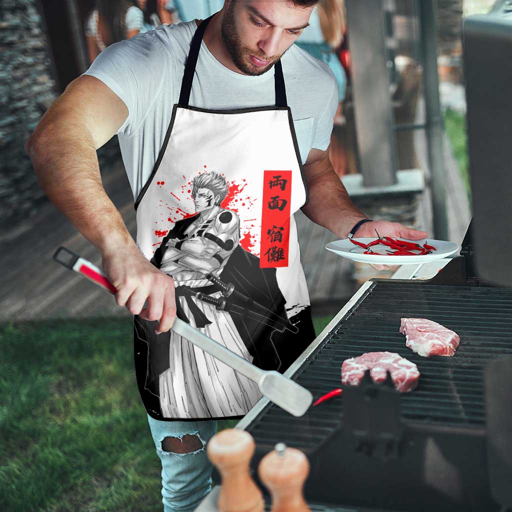 Sukuna Jujutsu Kaisen Samurai Aesthetic Apron with Katana, Red Kanji and Oni Mask Design - The Mazicc