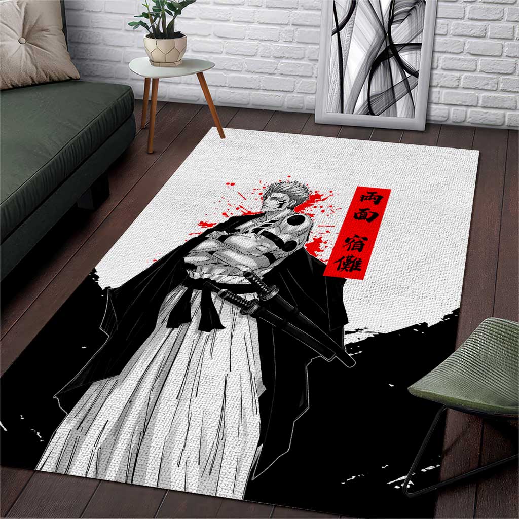 Sukuna Jujutsu Kaisen Samurai Aesthetic Area Rug with Katana, Red Kanji and Oni Mask Design - The Mazicc