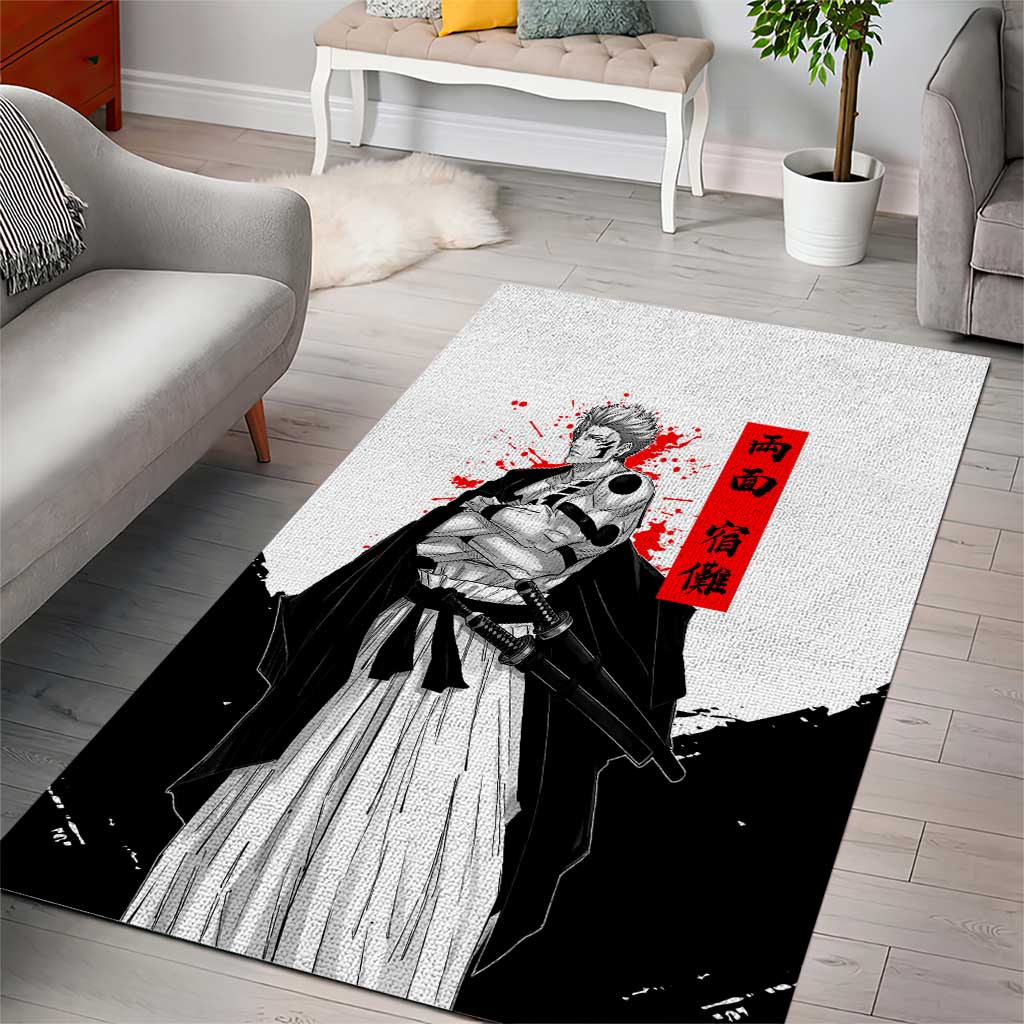 Sukuna Jujutsu Kaisen Samurai Aesthetic Area Rug with Katana, Red Kanji and Oni Mask Design - The Mazicc