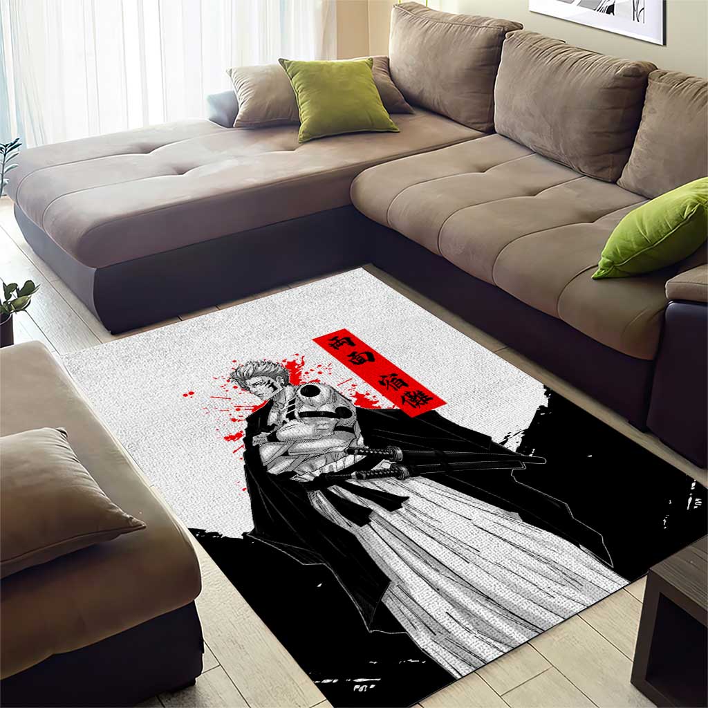 Sukuna Jujutsu Kaisen Samurai Aesthetic Area Rug with Katana, Red Kanji and Oni Mask Design - The Mazicc