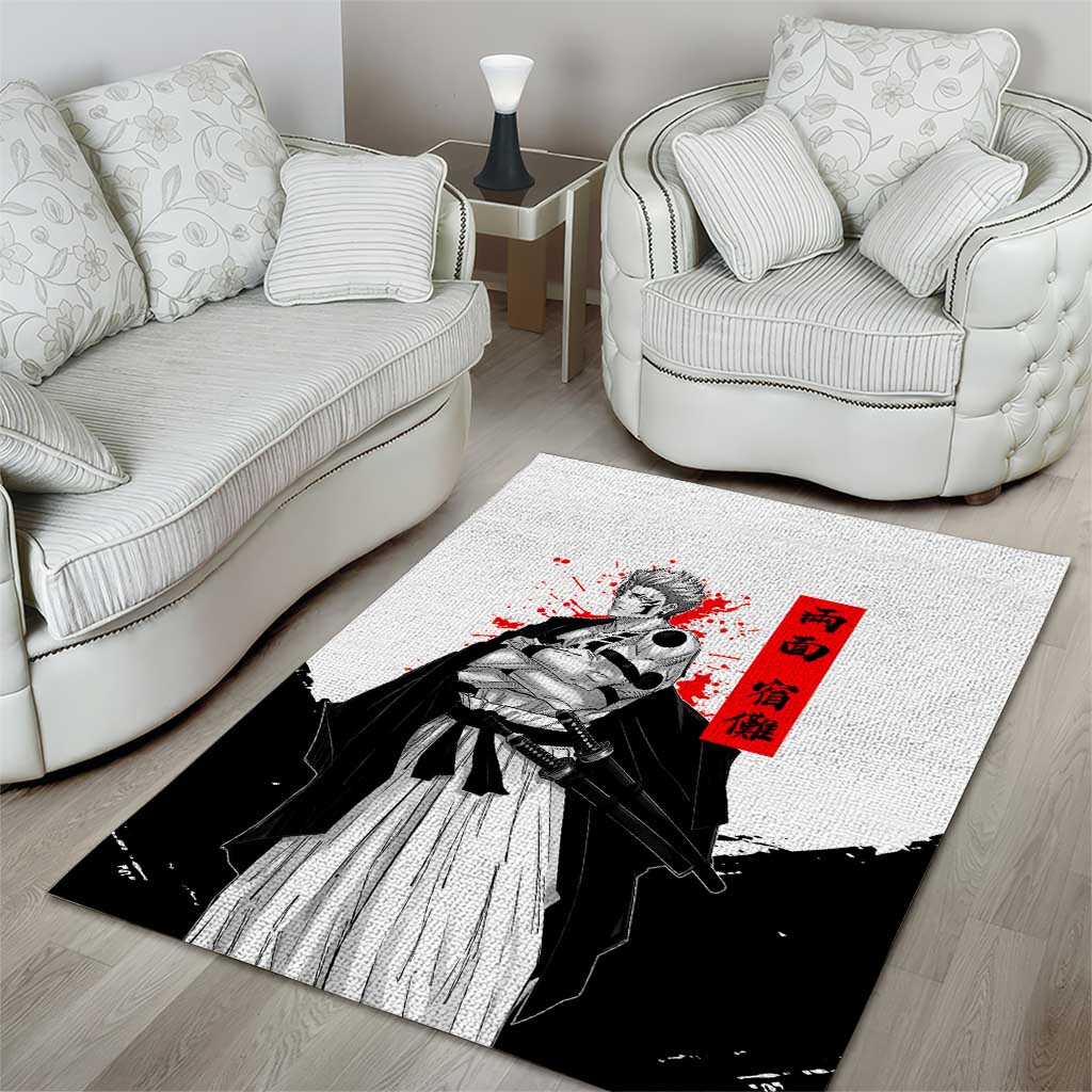 Sukuna Jujutsu Kaisen Samurai Aesthetic Area Rug with Katana, Red Kanji and Oni Mask Design - The Mazicc