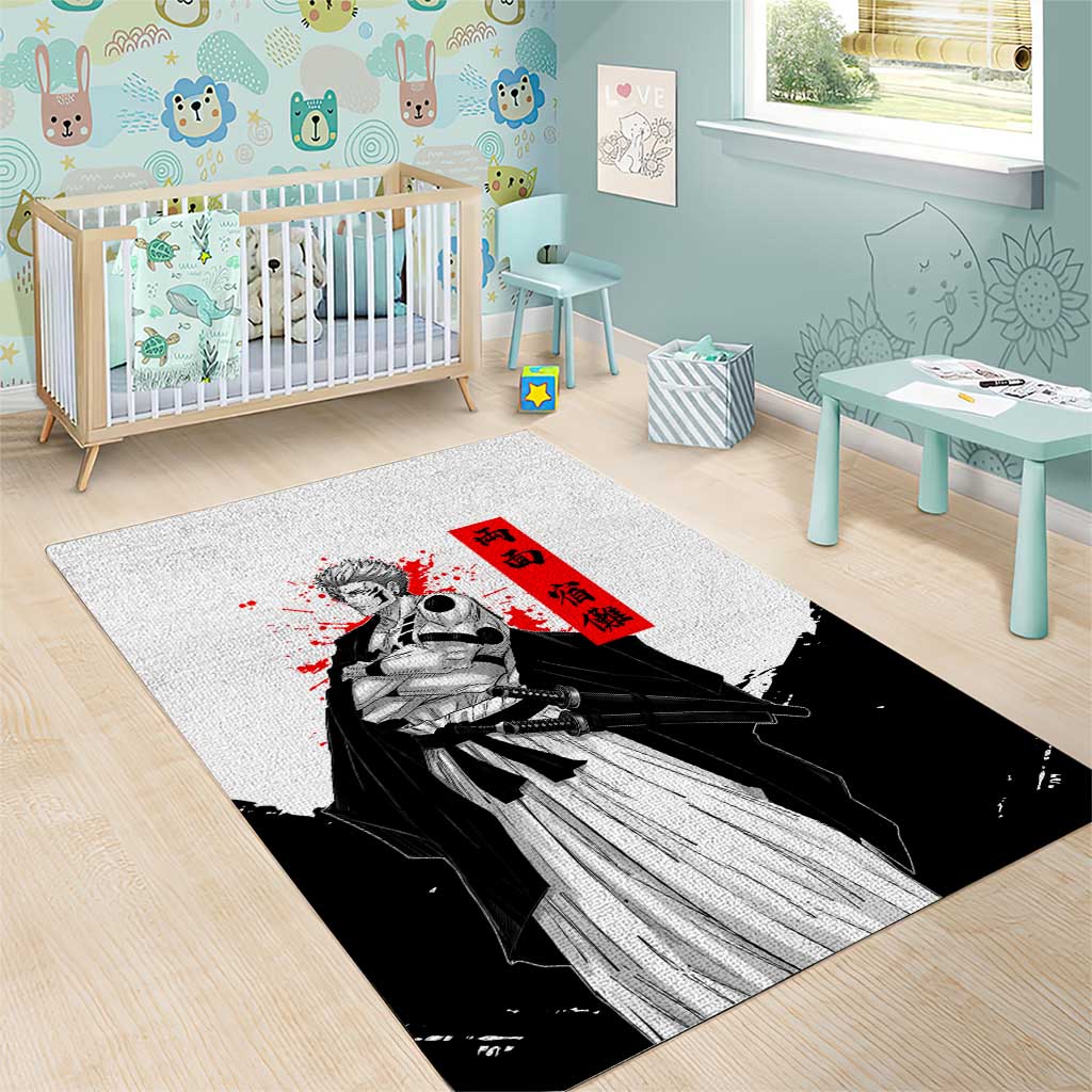 Sukuna Jujutsu Kaisen Samurai Aesthetic Area Rug with Katana, Red Kanji and Oni Mask Design - The Mazicc