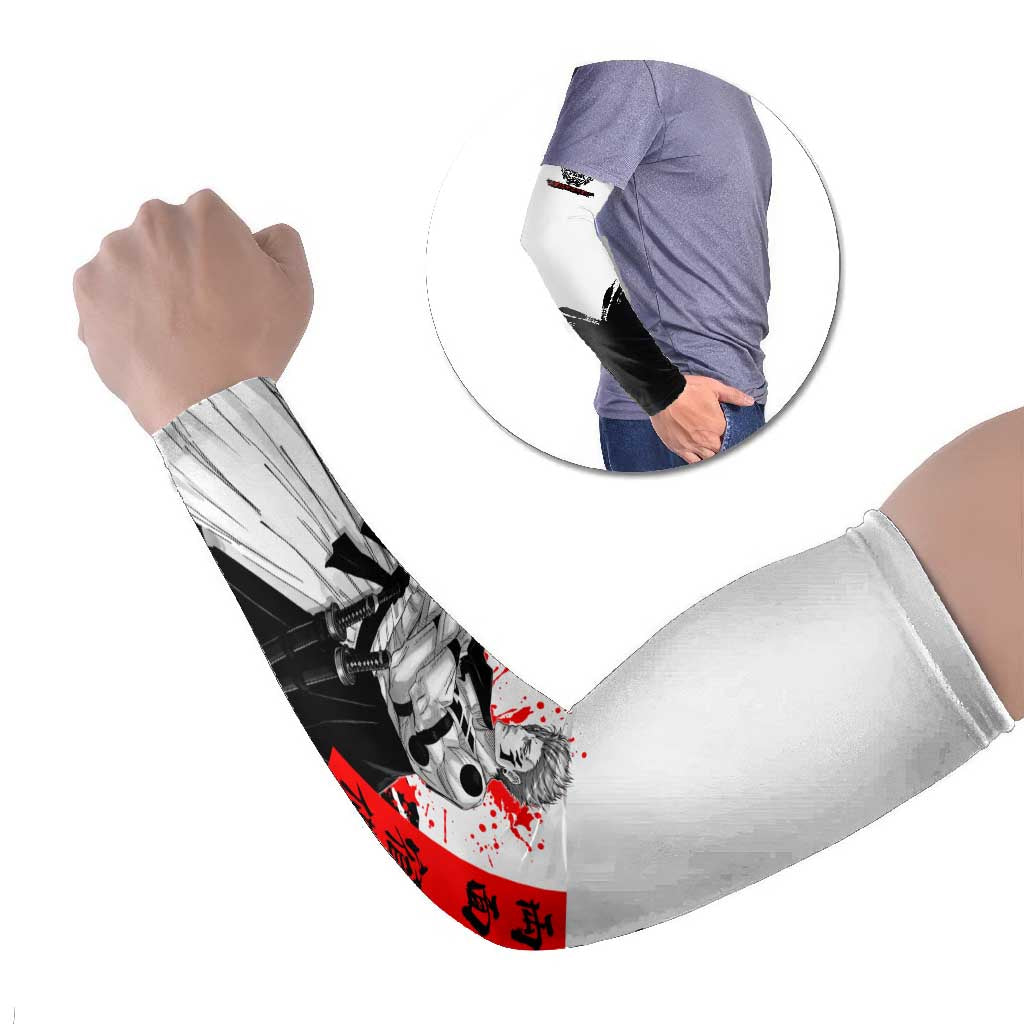 Sukuna Jujutsu Kaisen Samurai Aesthetic Arm Sleeves with Katana, Red Kanji and Oni Mask Design - The Mazicc