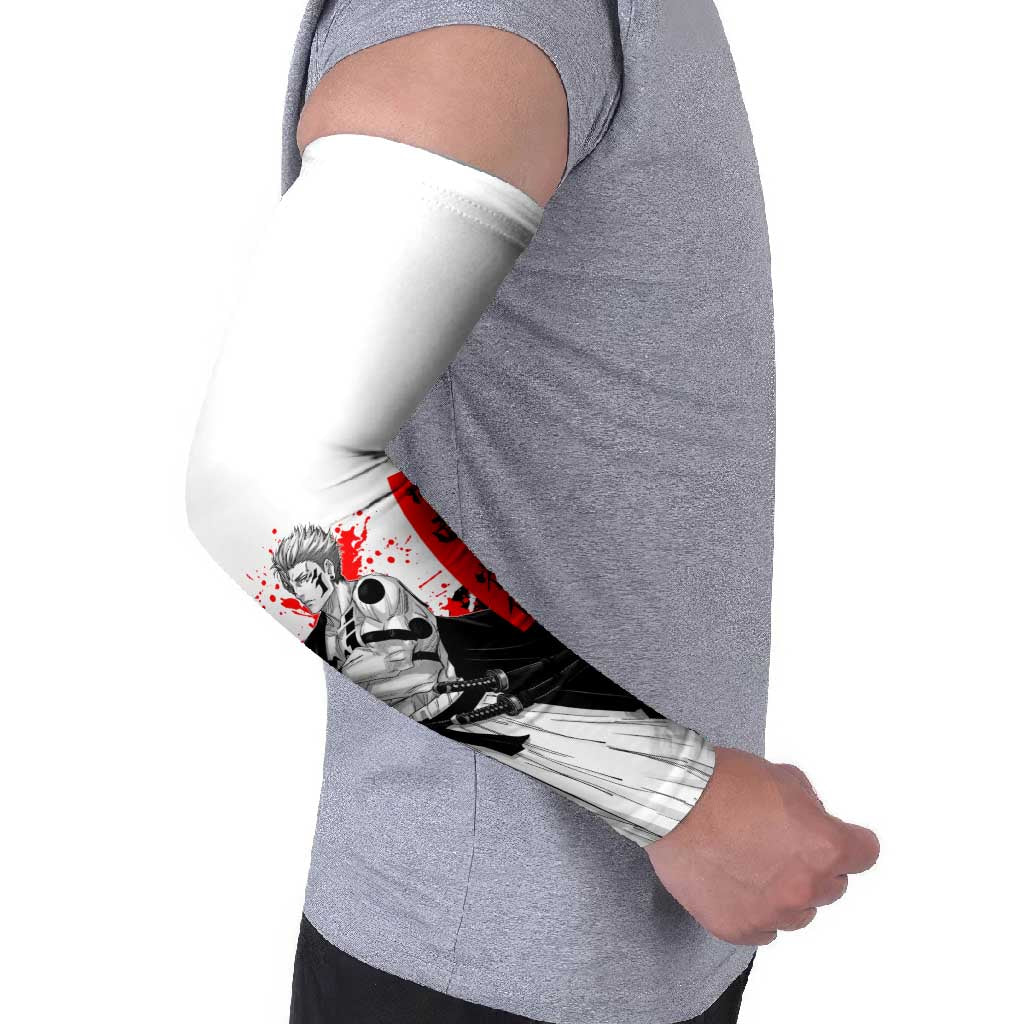 Sukuna Jujutsu Kaisen Samurai Aesthetic Arm Sleeves with Katana, Red Kanji and Oni Mask Design - The Mazicc