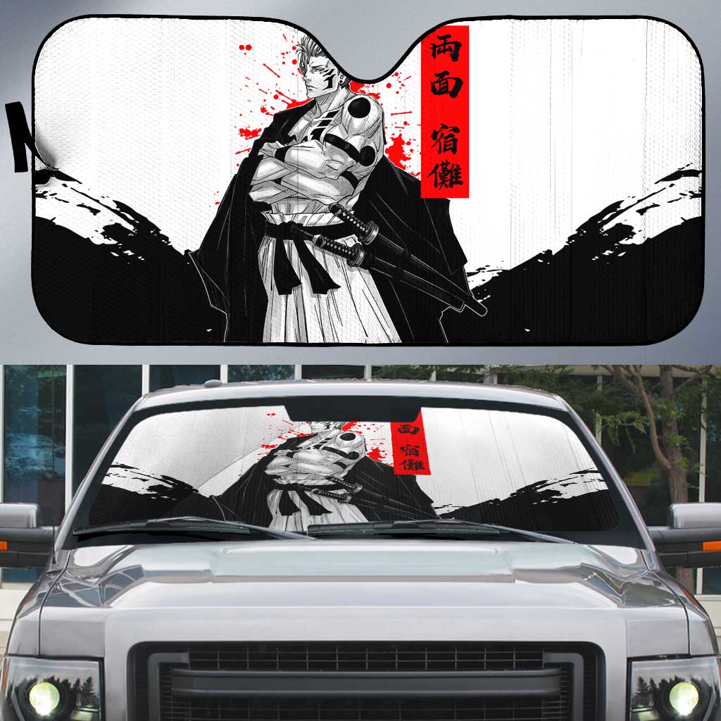 Sukuna Jujutsu Kaisen Samurai Aesthetic Auto Sun Shade with Katana, Red Kanji and Oni Mask Design - The Mazicc