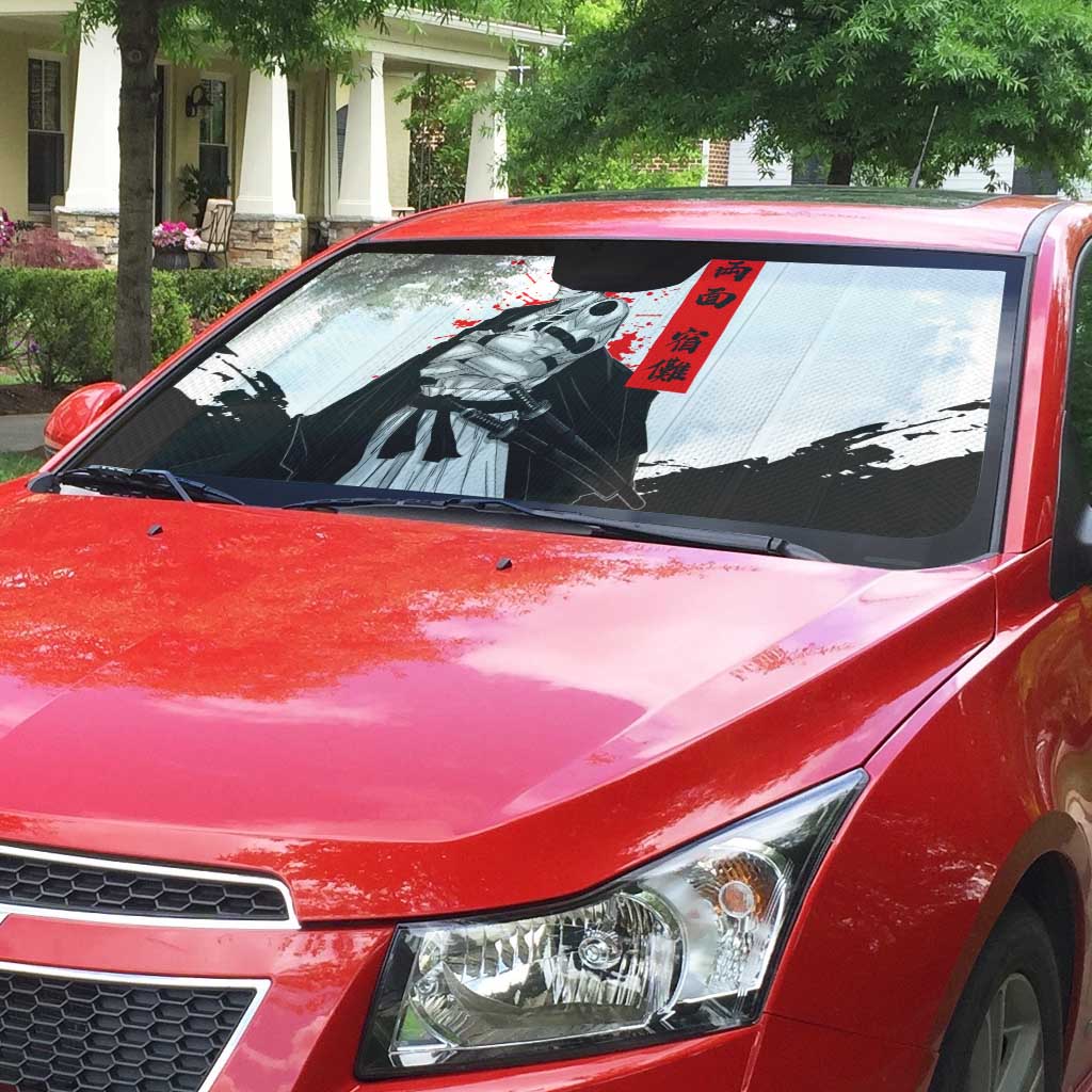 Sukuna Jujutsu Kaisen Samurai Aesthetic Auto Sun Shade with Katana, Red Kanji and Oni Mask Design - The Mazicc