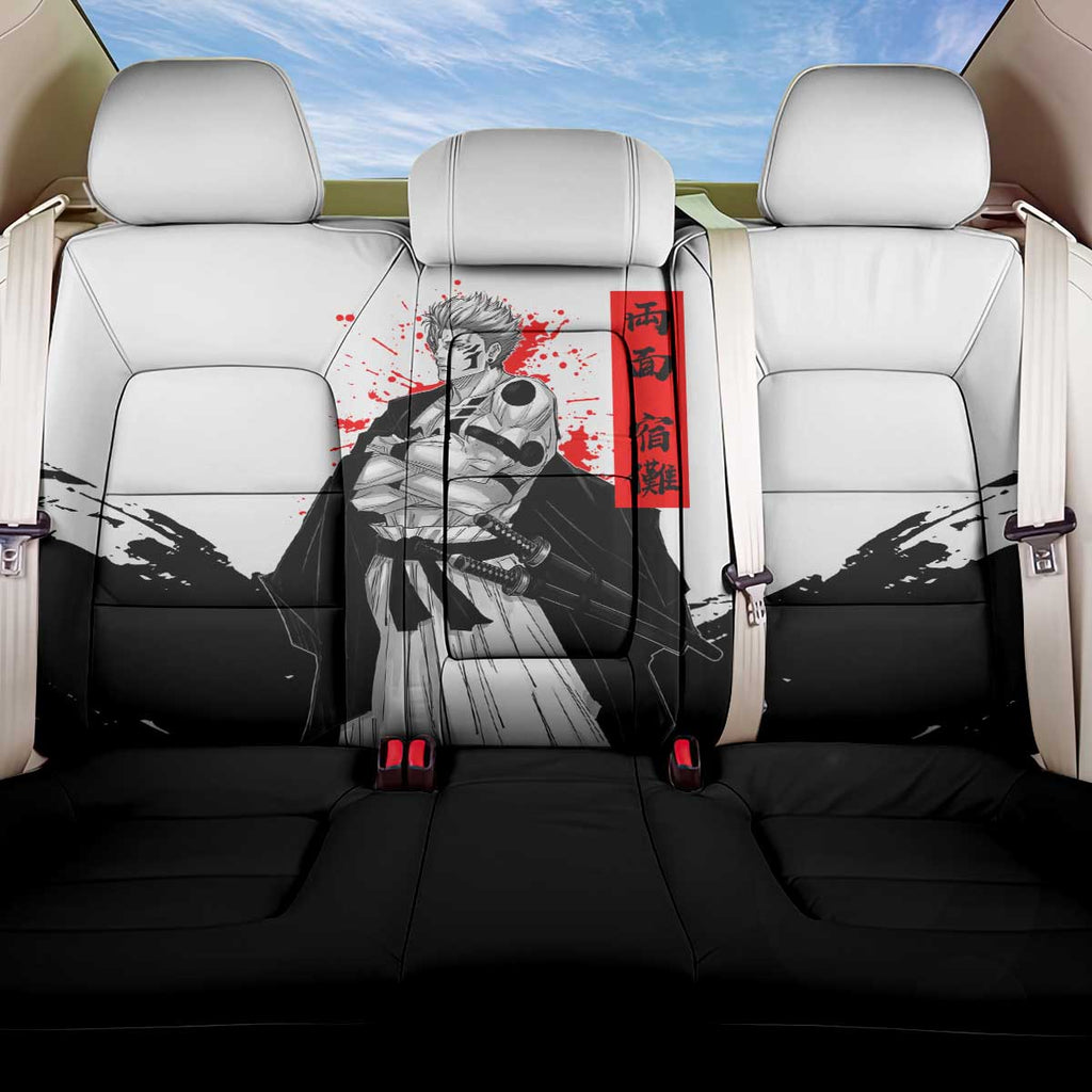 Sukuna Jujutsu Kaisen Samurai Aesthetic Back Car Seat Cover with Katana, Red Kanji and Oni Mask Design - The Mazicc