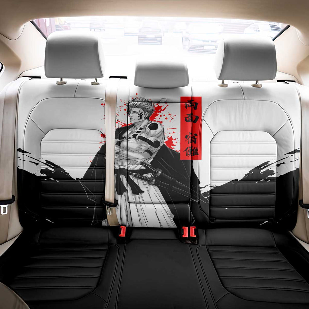 Sukuna Jujutsu Kaisen Samurai Aesthetic Back Car Seat Cover with Katana, Red Kanji and Oni Mask Design - The Mazicc