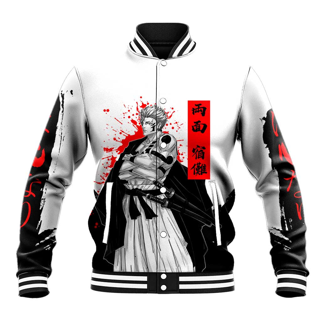 Sukuna Jujutsu Kaisen Samurai Aesthetic Baseball Jacket with Katana, Red Kanji and Oni Mask Design - The Mazicc