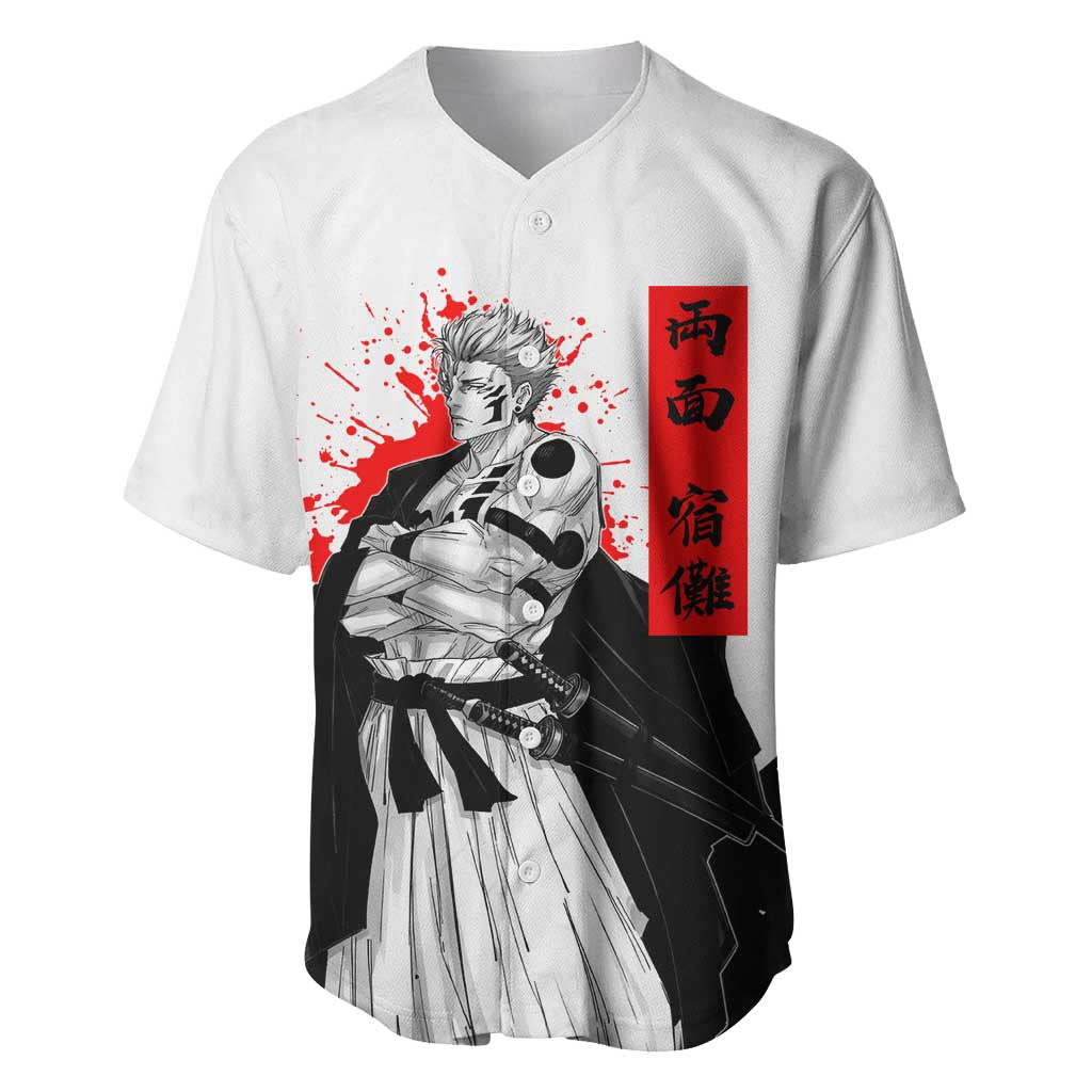 Sukuna Jujutsu Kaisen Samurai Aesthetic Baseball Jersey with Katana, Red Kanji and Oni Mask Design - The Mazicc