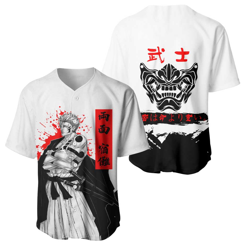 Sukuna Jujutsu Kaisen Samurai Aesthetic Baseball Jersey with Katana, Red Kanji and Oni Mask Design - The Mazicc