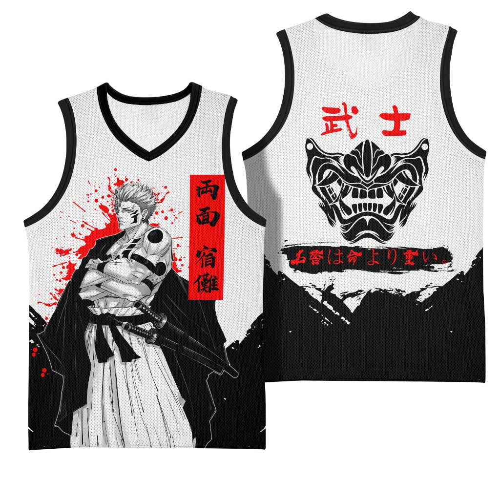 Sukuna Jujutsu Kaisen Samurai Aesthetic Basketball Jersey with Katana, Red Kanji and Oni Mask Design - The Mazicc