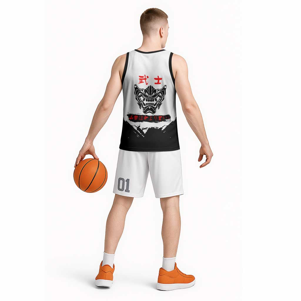 Sukuna Jujutsu Kaisen Samurai Aesthetic Basketball Jersey with Katana, Red Kanji and Oni Mask Design - The Mazicc