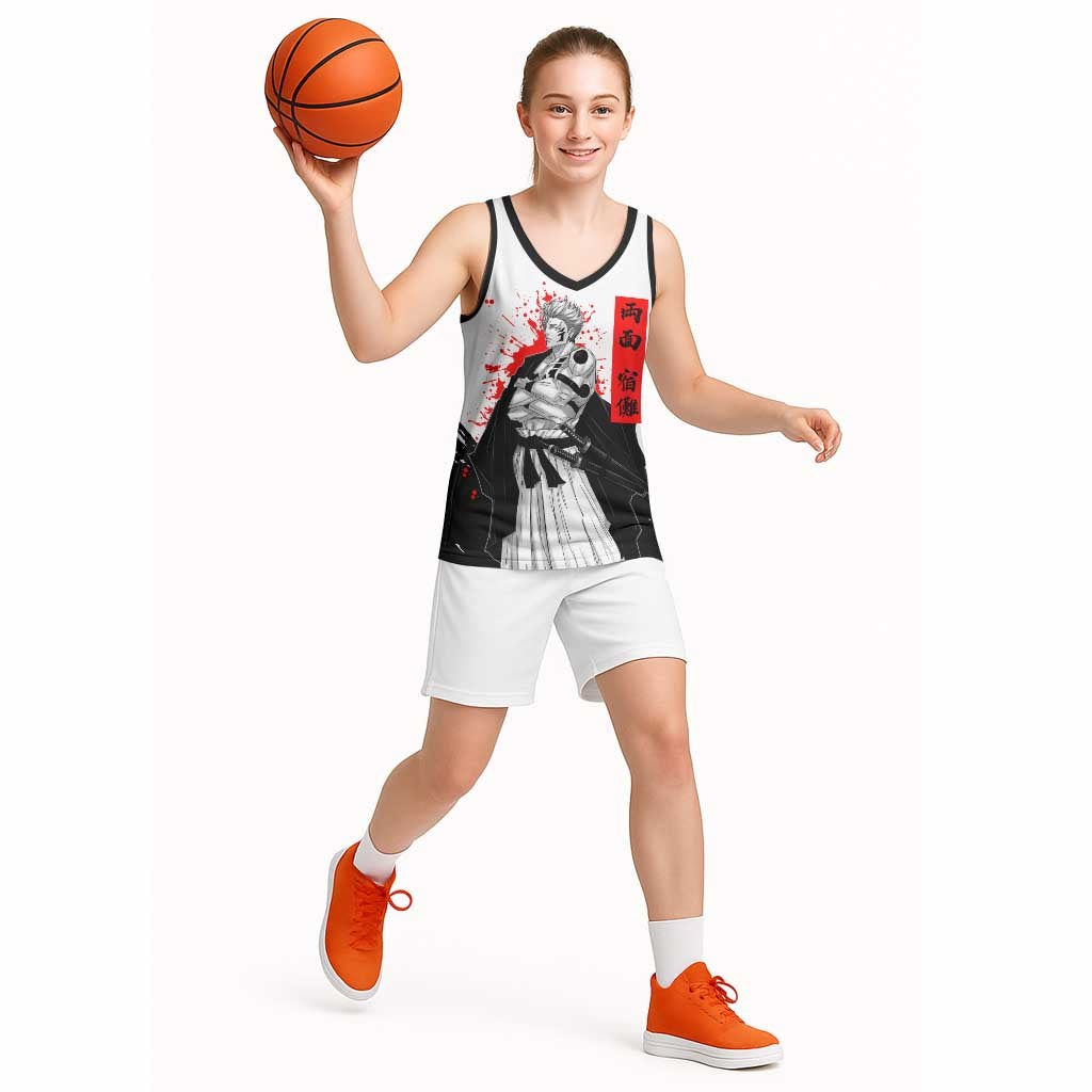 Sukuna Jujutsu Kaisen Samurai Aesthetic Basketball Jersey with Katana, Red Kanji and Oni Mask Design - The Mazicc