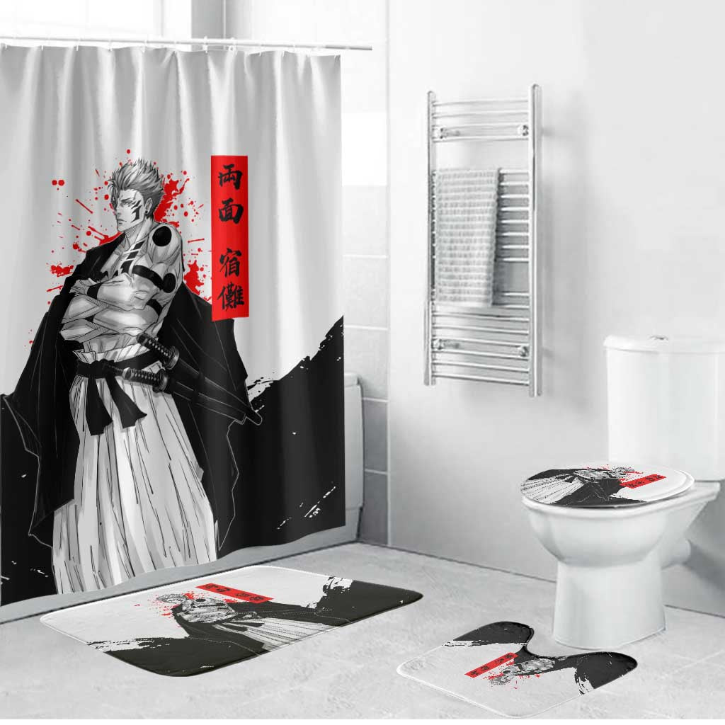 Sukuna Jujutsu Kaisen Samurai Aesthetic Bathroom Set with Katana, Red Kanji and Oni Mask Design - The Mazicc