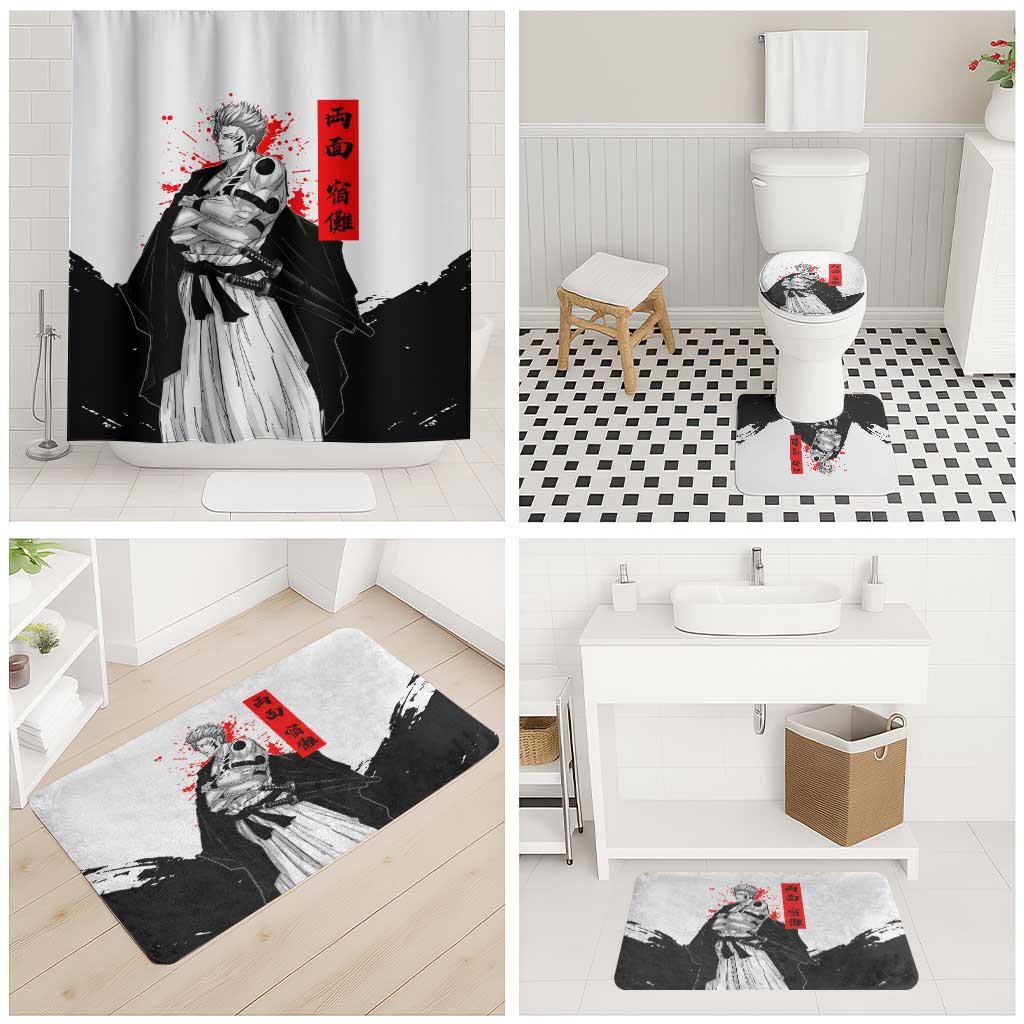 Sukuna Jujutsu Kaisen Samurai Aesthetic Bathroom Set with Katana, Red Kanji and Oni Mask Design - The Mazicc