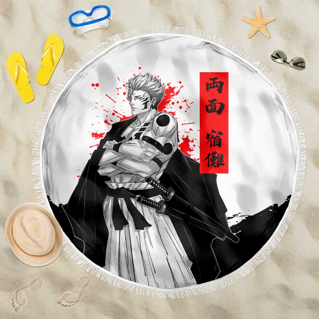 Sukuna Jujutsu Kaisen Samurai Aesthetic Beach Blanket with Katana, Red Kanji and Oni Mask Design - The Mazicc