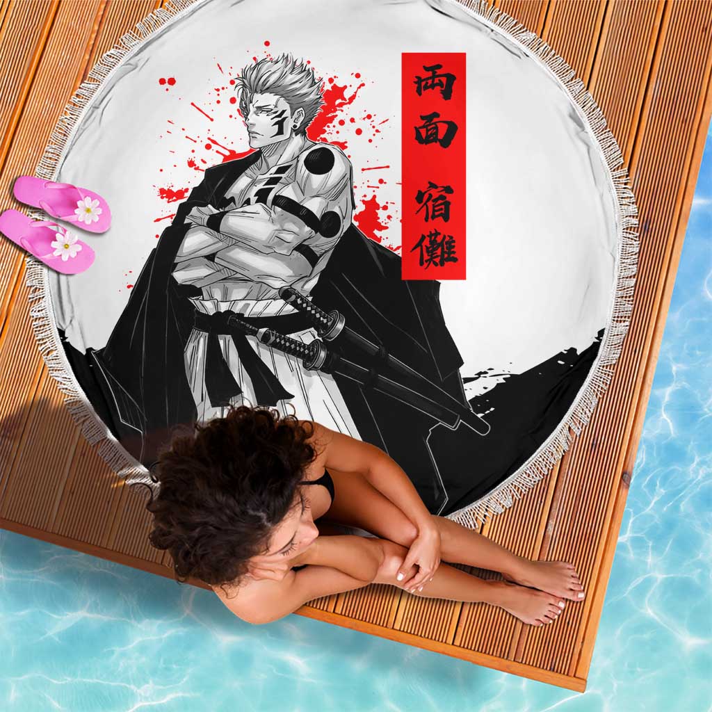 Sukuna Jujutsu Kaisen Samurai Aesthetic Beach Blanket with Katana, Red Kanji and Oni Mask Design - The Mazicc