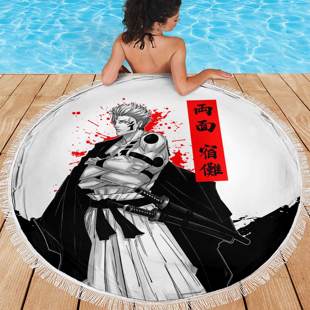 Sukuna Jujutsu Kaisen Samurai Aesthetic Beach Blanket with Katana, Red Kanji and Oni Mask Design - The Mazicc