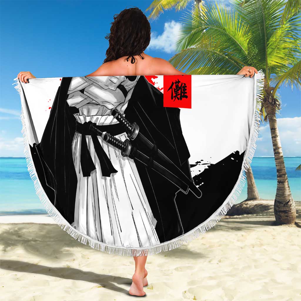 Sukuna Jujutsu Kaisen Samurai Aesthetic Beach Blanket with Katana, Red Kanji and Oni Mask Design - The Mazicc