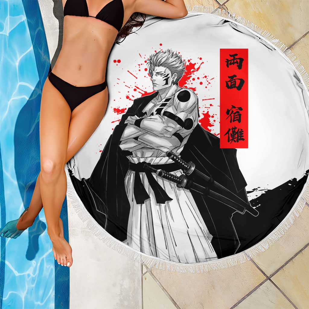 Sukuna Jujutsu Kaisen Samurai Aesthetic Beach Blanket with Katana, Red Kanji and Oni Mask Design - The Mazicc