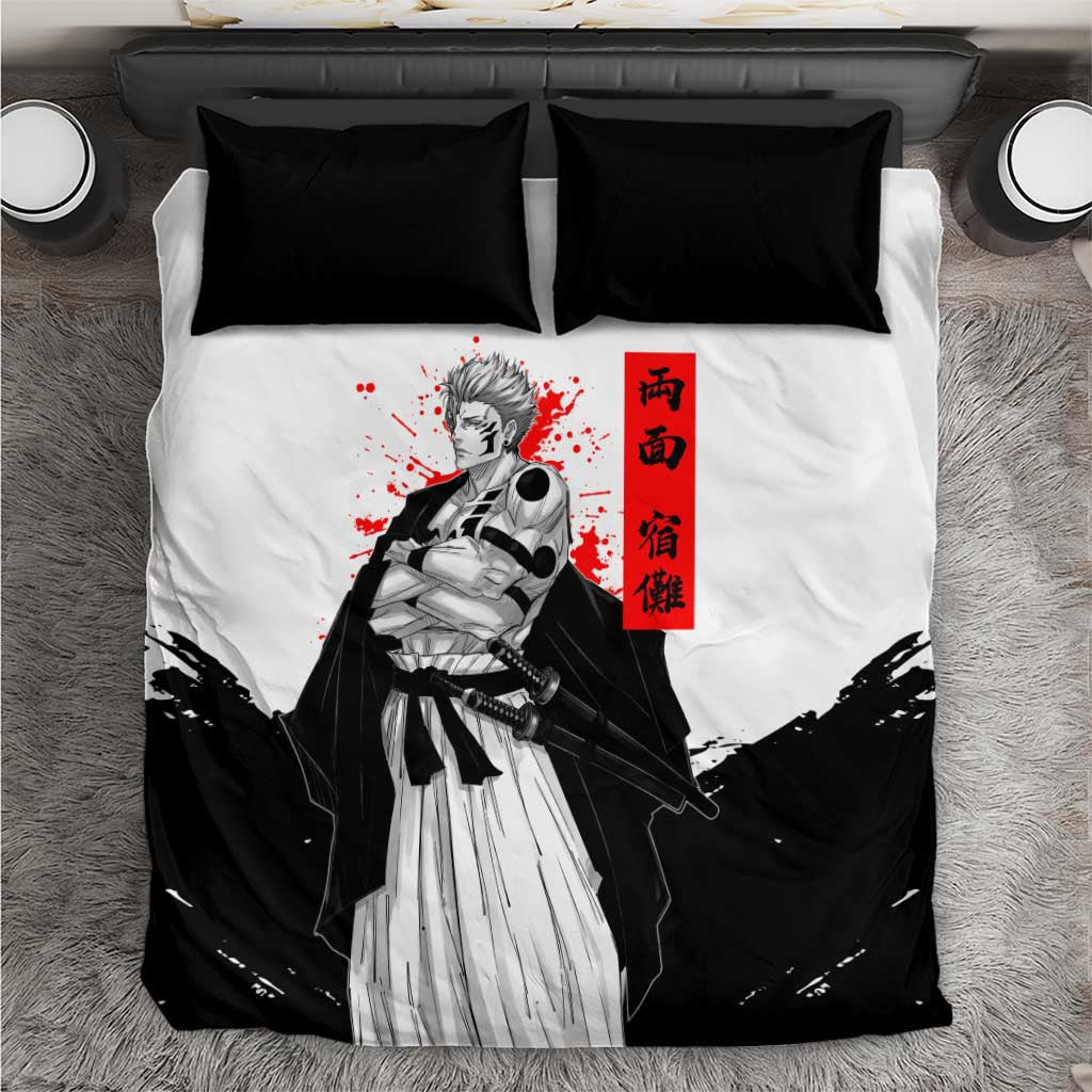 Sukuna Jujutsu Kaisen Samurai Aesthetic Bedding Set with Katana, Red Kanji and Oni Mask Design - The Mazicc