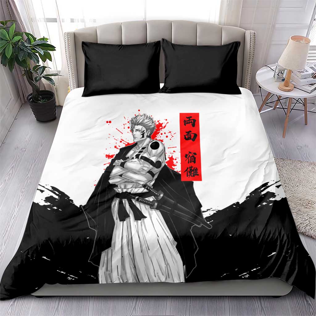 Sukuna Jujutsu Kaisen Samurai Aesthetic Bedding Set with Katana, Red Kanji and Oni Mask Design - The Mazicc