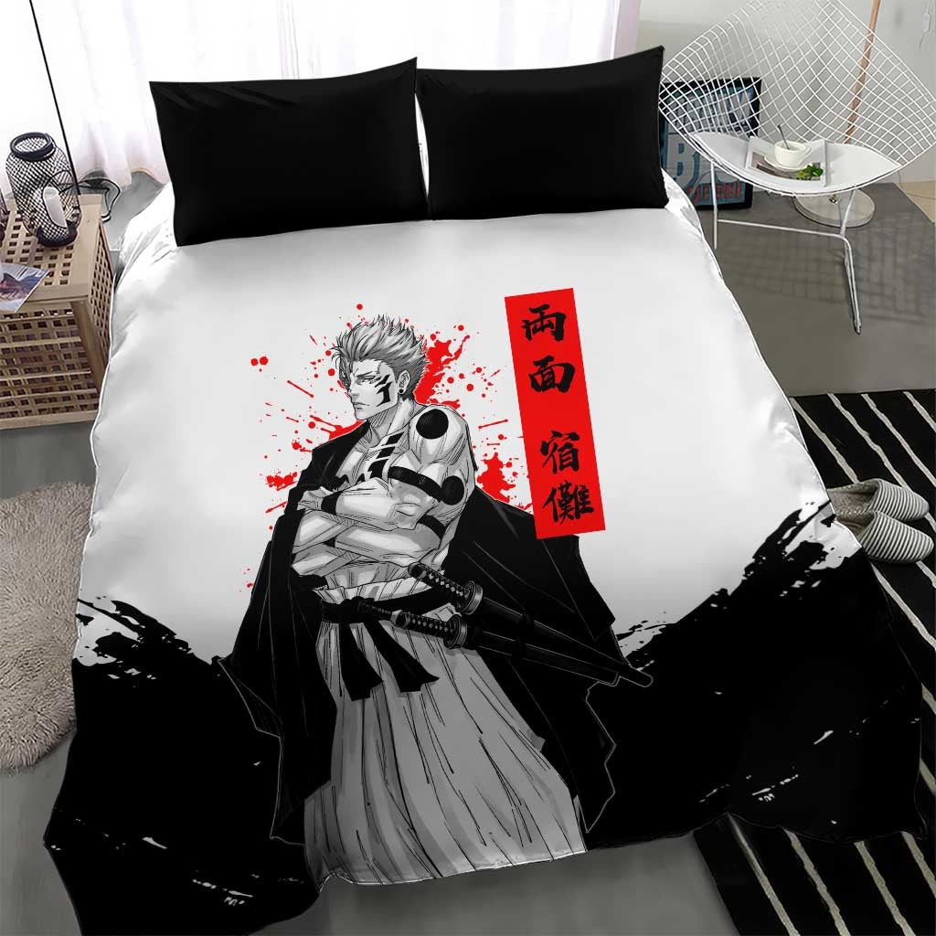 Sukuna Jujutsu Kaisen Samurai Aesthetic Bedding Set with Katana, Red Kanji and Oni Mask Design - The Mazicc