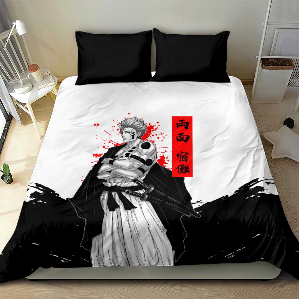 Sukuna Jujutsu Kaisen Samurai Aesthetic Bedding Set with Katana, Red Kanji and Oni Mask Design - The Mazicc