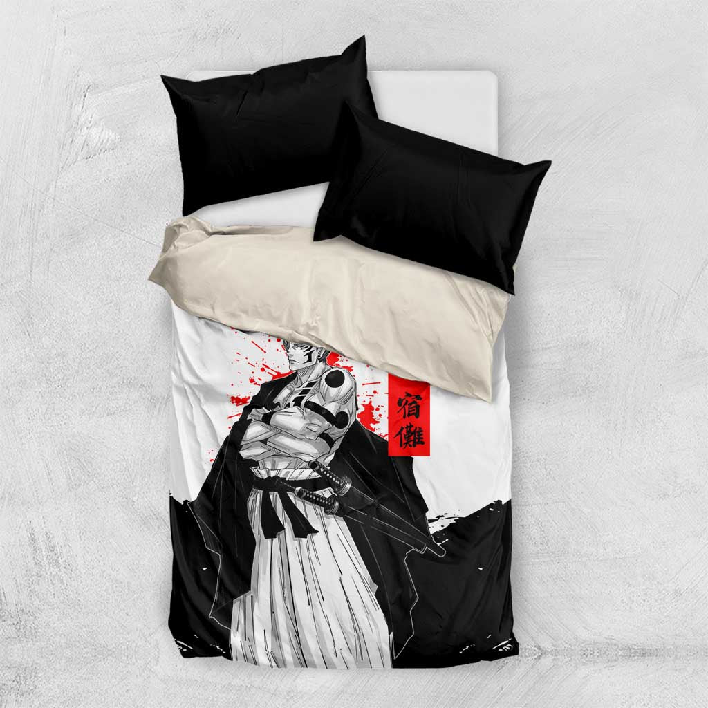 Sukuna Jujutsu Kaisen Samurai Aesthetic Bedding Set with Katana, Red Kanji and Oni Mask Design - The Mazicc