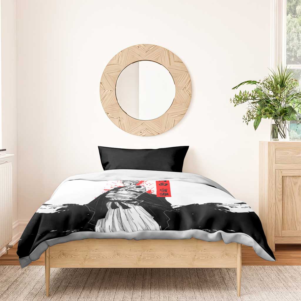 Sukuna Jujutsu Kaisen Samurai Aesthetic Bedding Set with Katana, Red Kanji and Oni Mask Design - The Mazicc