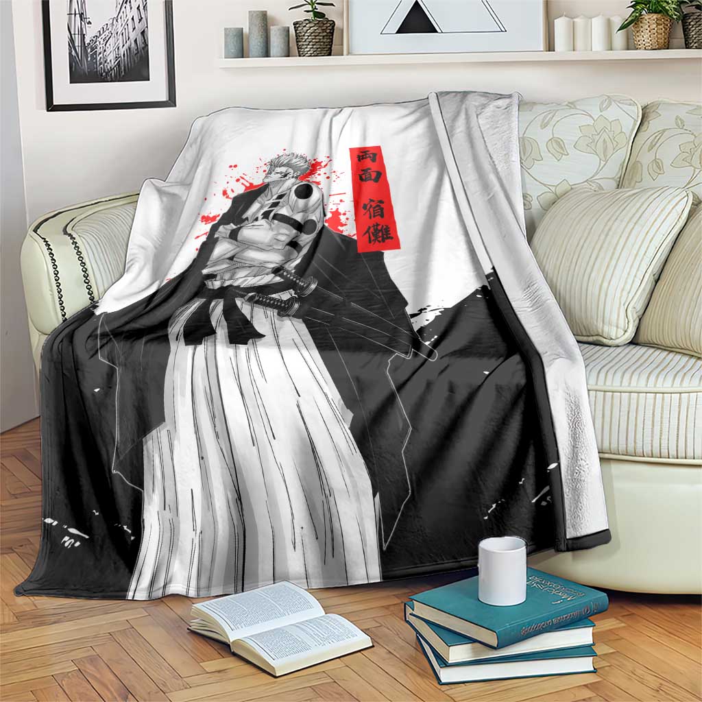 Sukuna Jujutsu Kaisen Samurai Aesthetic Blanket with Katana, Red Kanji and Oni Mask Design - The Mazicc