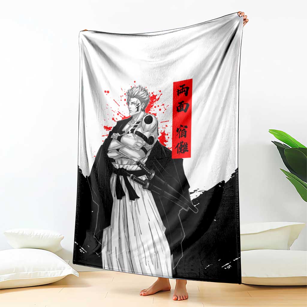 Sukuna Jujutsu Kaisen Samurai Aesthetic Blanket with Katana, Red Kanji and Oni Mask Design - The Mazicc