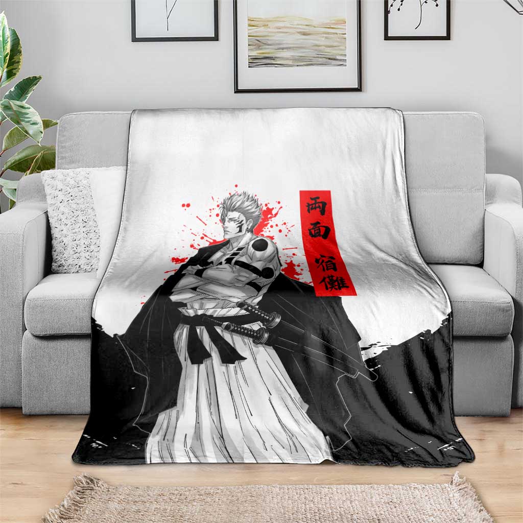 Sukuna Jujutsu Kaisen Samurai Aesthetic Blanket with Katana, Red Kanji and Oni Mask Design - The Mazicc