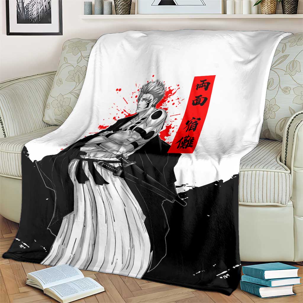 Sukuna Jujutsu Kaisen Samurai Aesthetic Blanket with Katana, Red Kanji and Oni Mask Design - The Mazicc