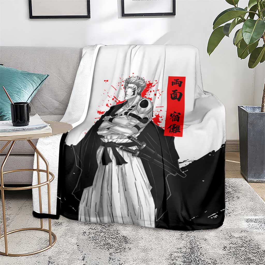 Sukuna Jujutsu Kaisen Samurai Aesthetic Blanket with Katana, Red Kanji and Oni Mask Design - The Mazicc