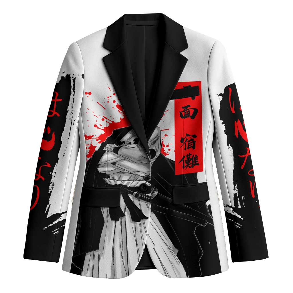 Sukuna Jujutsu Kaisen Samurai Aesthetic Blazer with Katana, Red Kanji and Oni Mask Design - The Mazicc