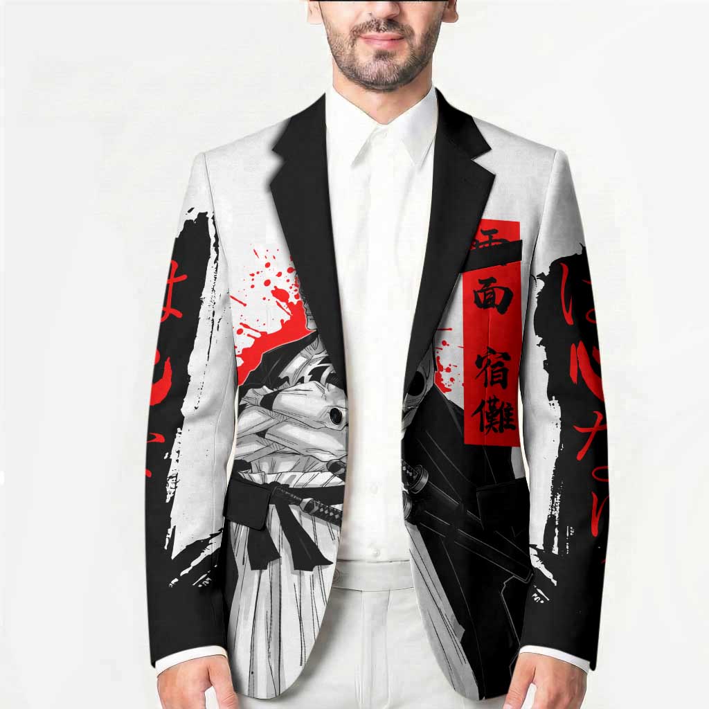 Sukuna Jujutsu Kaisen Samurai Aesthetic Blazer with Katana, Red Kanji and Oni Mask Design - The Mazicc