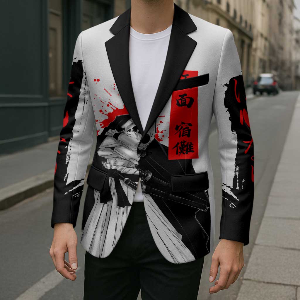 Sukuna Jujutsu Kaisen Samurai Aesthetic Blazer with Katana, Red Kanji and Oni Mask Design - The Mazicc