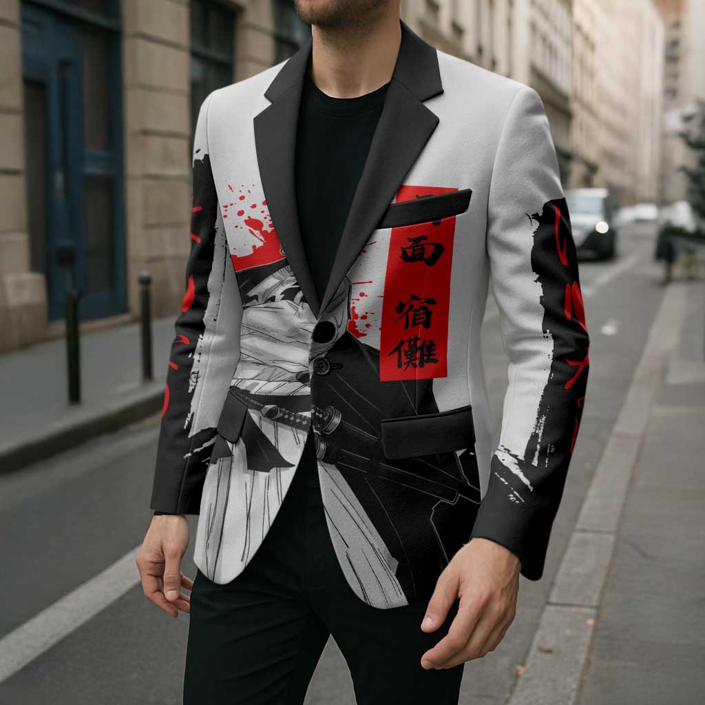 Sukuna Jujutsu Kaisen Samurai Aesthetic Blazer with Katana, Red Kanji and Oni Mask Design - The Mazicc