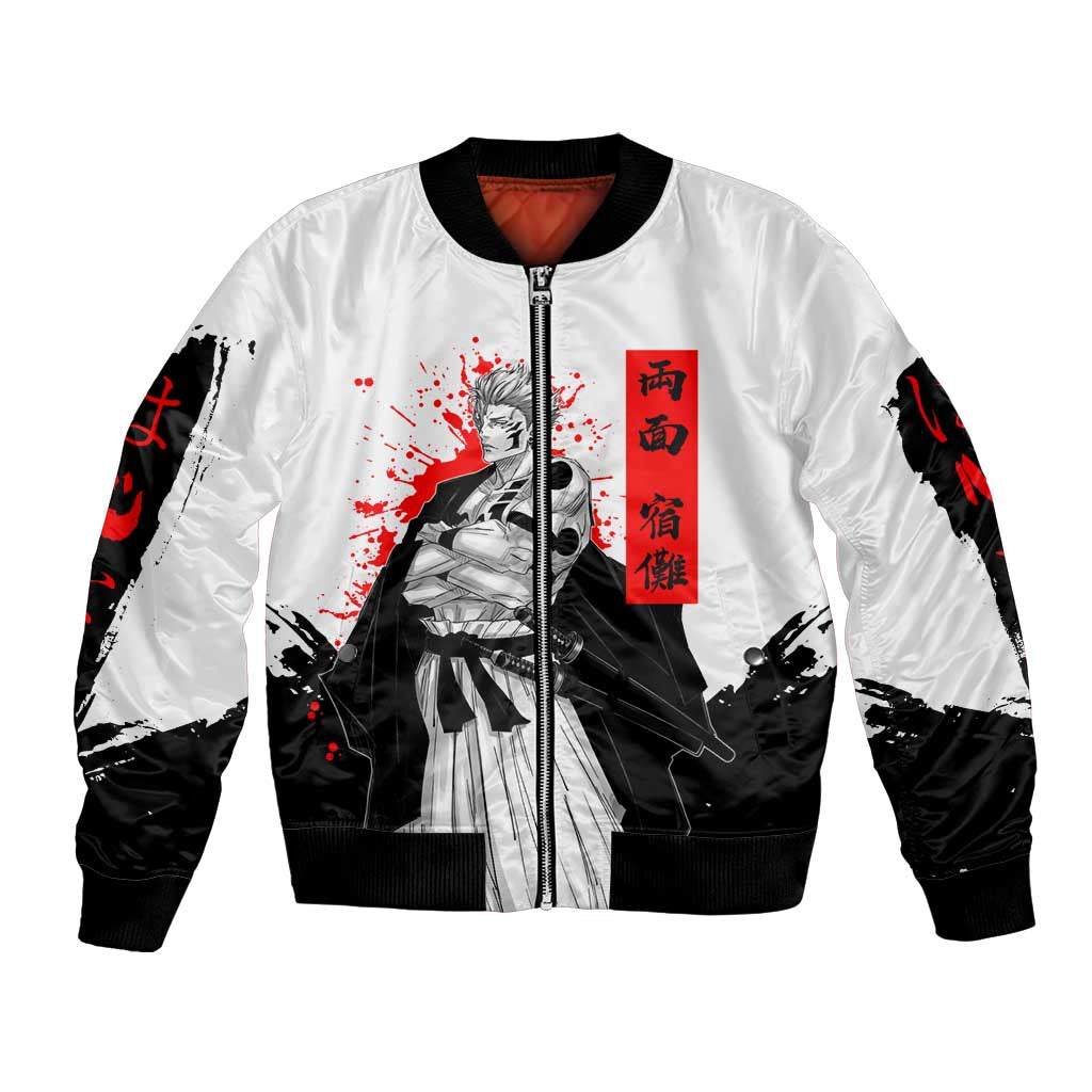 Sukuna Jujutsu Kaisen Samurai Aesthetic Bomber Jacket with Katana, Red Kanji and Oni Mask Design - The Mazicc