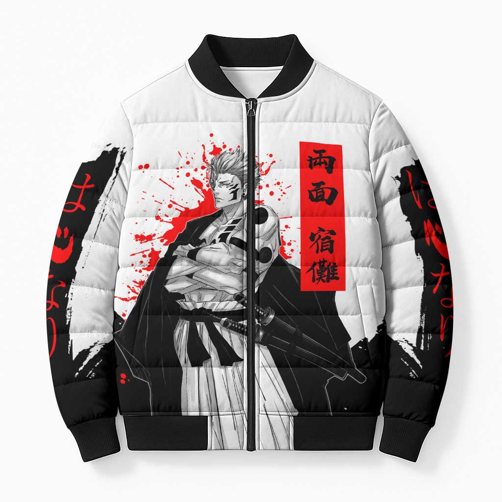 Sukuna Jujutsu Kaisen Samurai Aesthetic Bomber Puffer Jacket with Katana, Red Kanji and Oni Mask Design - The Mazicc