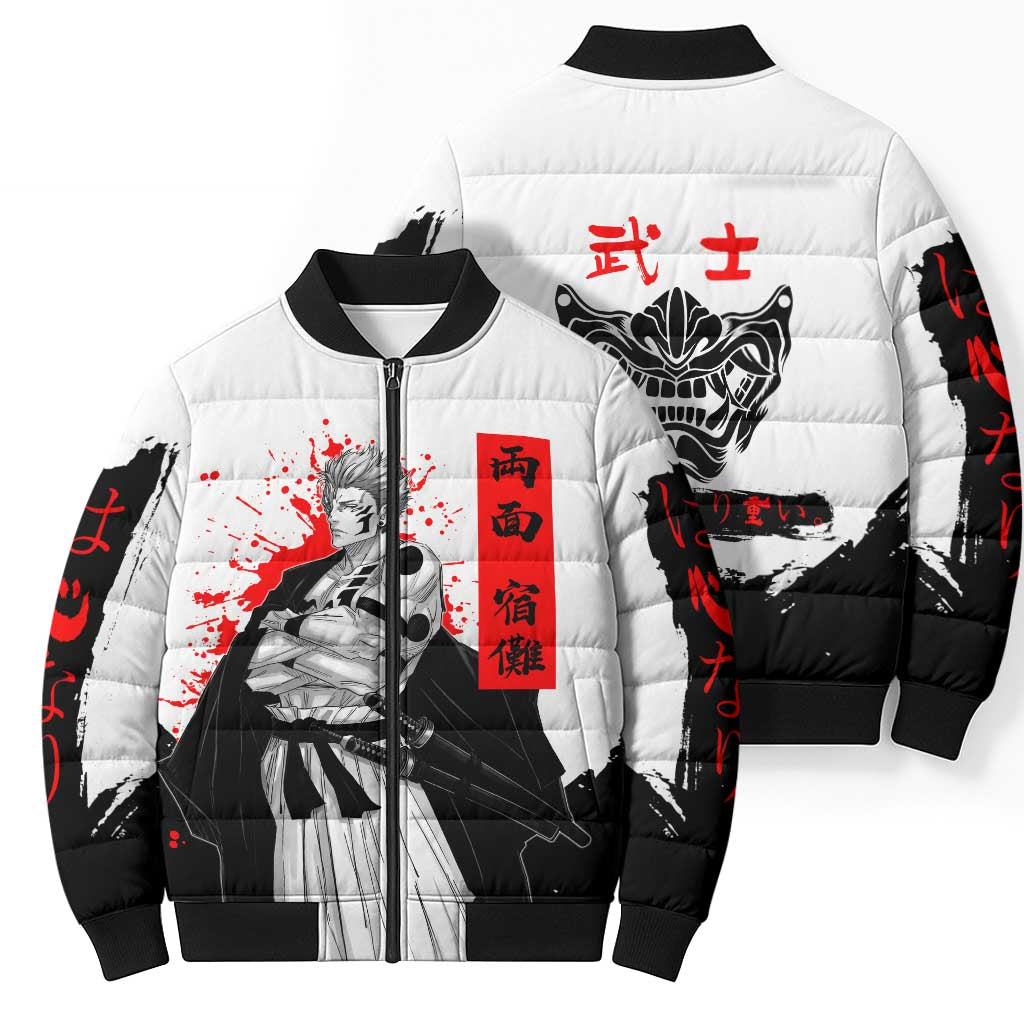 Sukuna Jujutsu Kaisen Samurai Aesthetic Bomber Puffer Jacket with Katana, Red Kanji and Oni Mask Design - The Mazicc