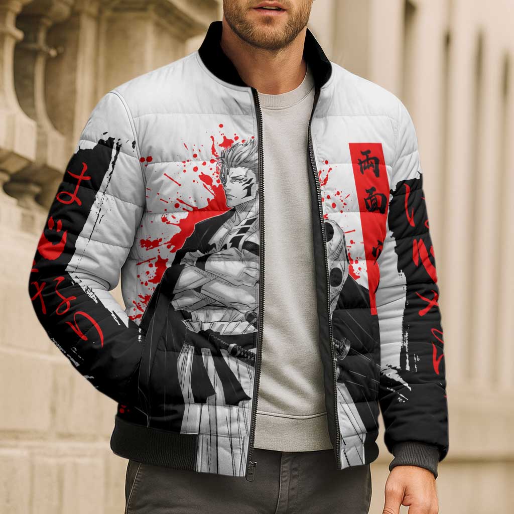 Sukuna Jujutsu Kaisen Samurai Aesthetic Bomber Puffer Jacket with Katana, Red Kanji and Oni Mask Design - The Mazicc