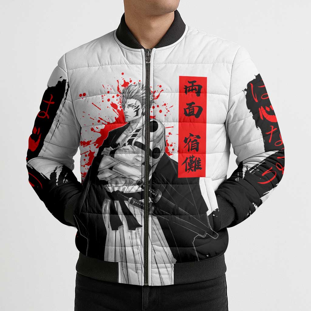 Sukuna Jujutsu Kaisen Samurai Aesthetic Bomber Puffer Jacket with Katana, Red Kanji and Oni Mask Design - The Mazicc