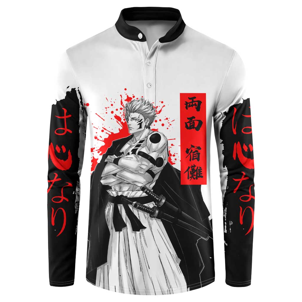 Sukuna Jujutsu Kaisen Samurai Aesthetic Button Sweatshirt with Katana, Red Kanji and Oni Mask Design - The Mazicc