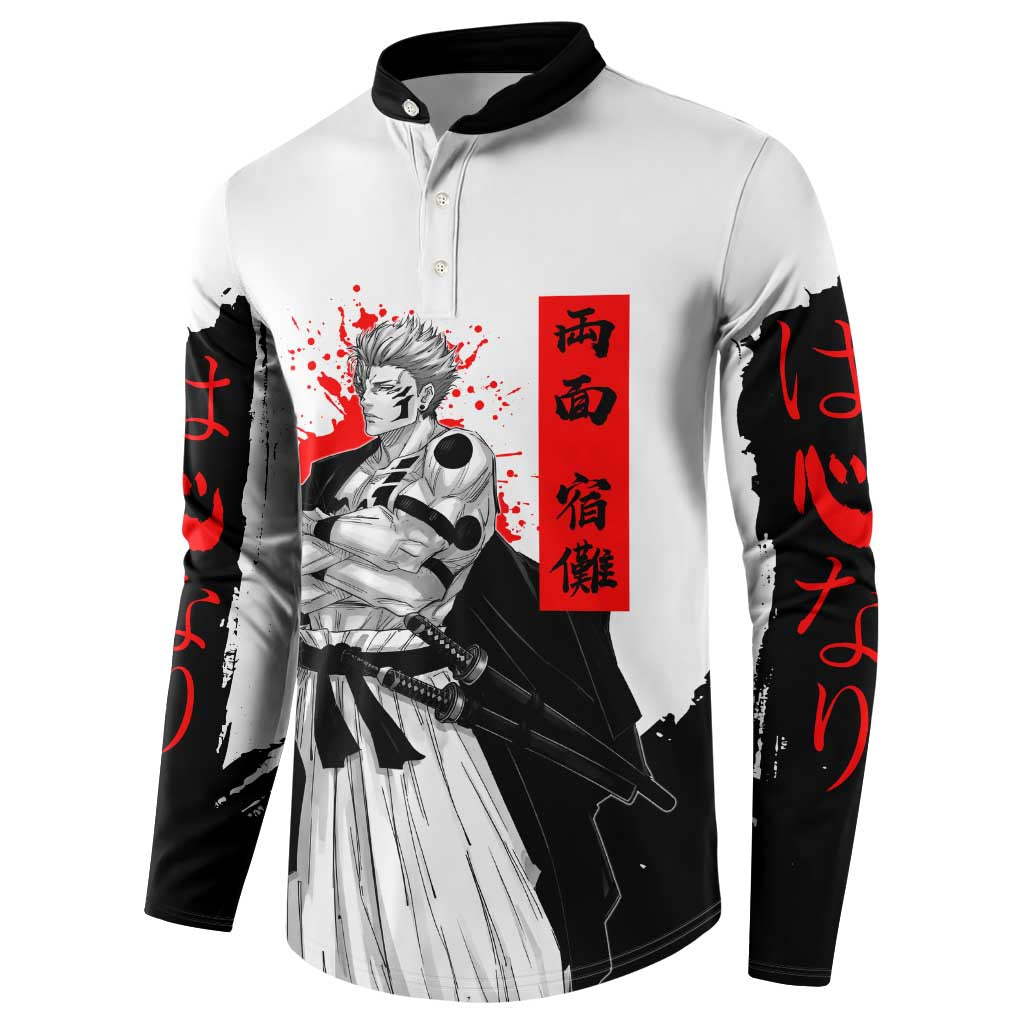 Sukuna Jujutsu Kaisen Samurai Aesthetic Button Sweatshirt with Katana, Red Kanji and Oni Mask Design - The Mazicc