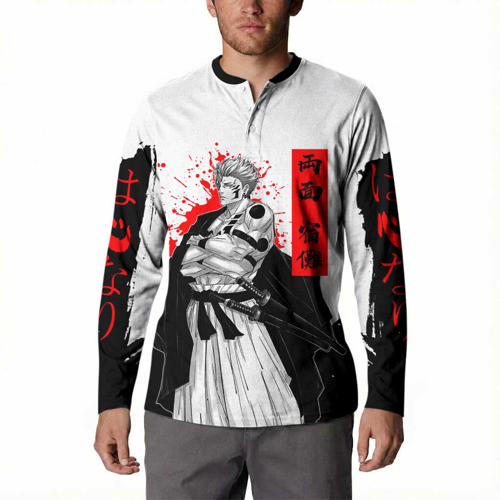 Sukuna Jujutsu Kaisen Samurai Aesthetic Button Sweatshirt with Katana, Red Kanji and Oni Mask Design - The Mazicc