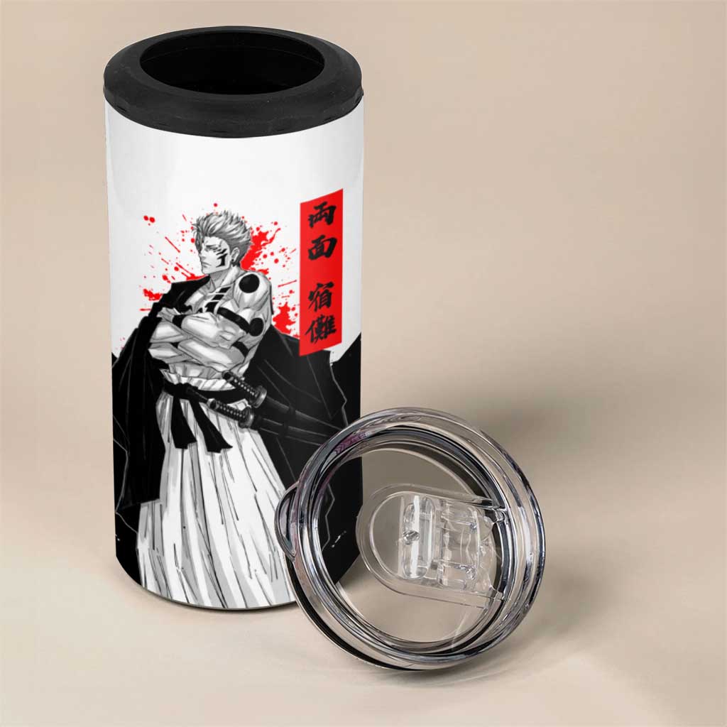 Sukuna Jujutsu Kaisen Samurai Aesthetic 4 in 1 Can Cooler Tumbler with Katana, Red Kanji and Oni Mask Design - The Mazicc