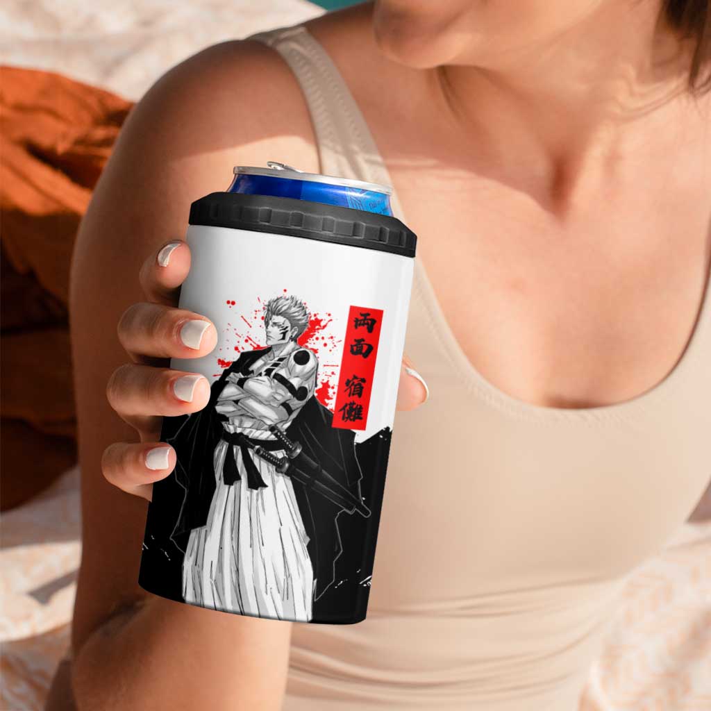 Sukuna Jujutsu Kaisen Samurai Aesthetic 4 in 1 Can Cooler Tumbler with Katana, Red Kanji and Oni Mask Design - The Mazicc